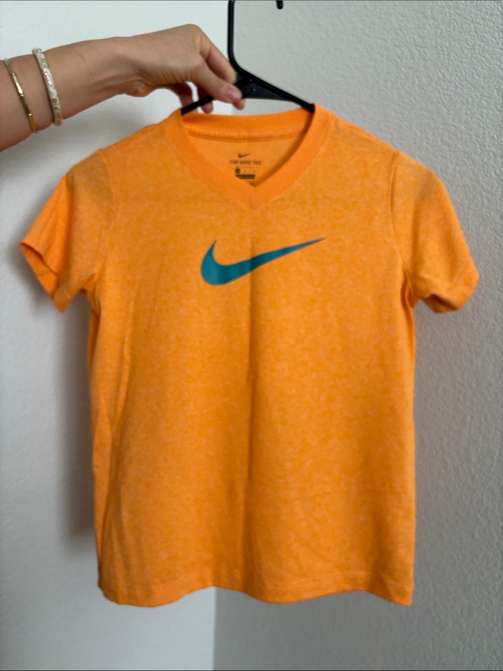 Nike Orange V-Neck Tee with Teal Swoosh
